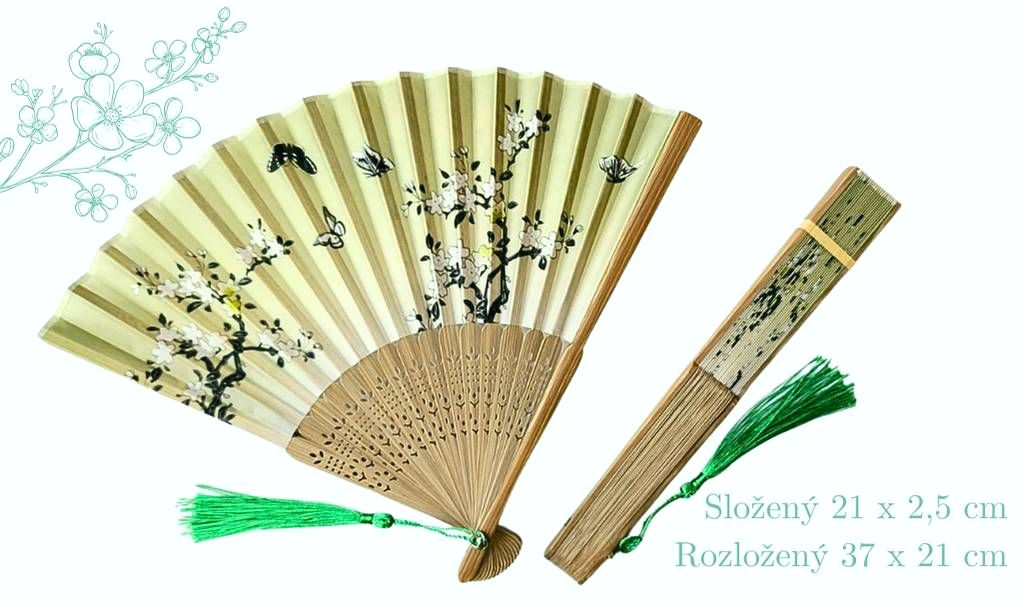 Bambusový vějíř Třešňové květy zelený 2